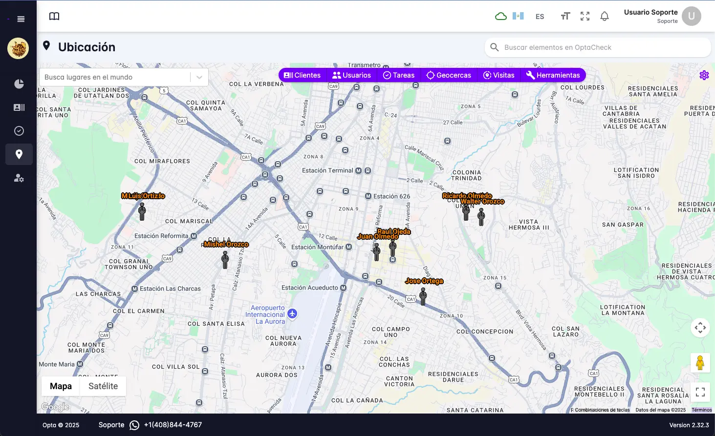 Pantalla de Ubicación de OptaCheck: un mapa en vivo con la posición de cada persona en campo
